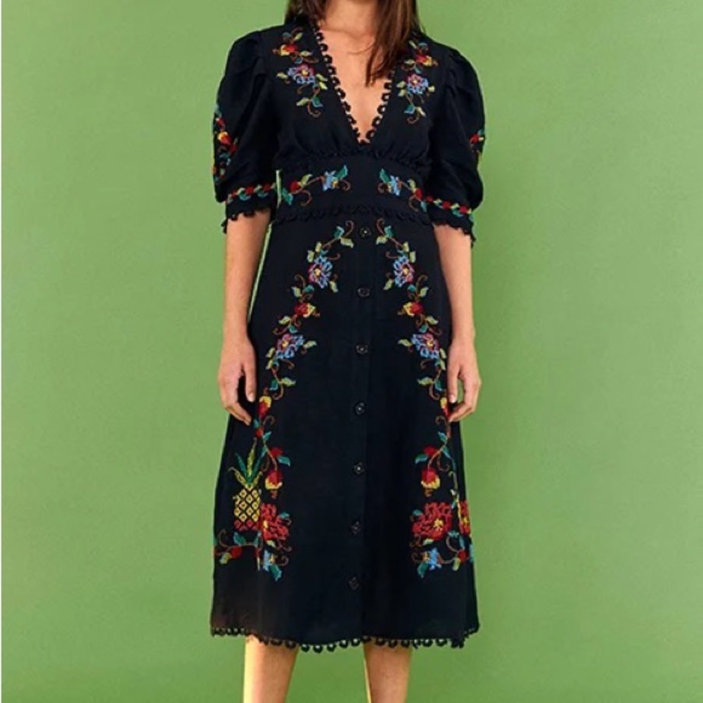 NWT Farm Rio Black Cross Stitch Embroidered Dress Large